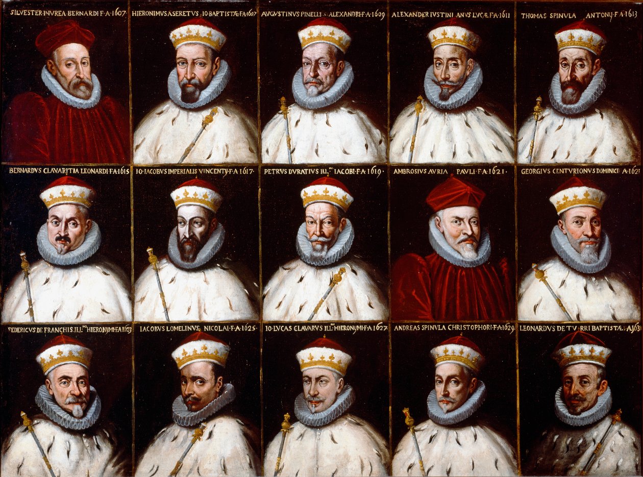 Herb Republiki Genowej i portrety Dożów. Silvestro Invrea, Gerolamo Assereto, Agostino Pinello Luciani, Alessandro Giustiniani Longo, Tomaso Spinola, Clavarezza Bernardo, Giovanni Giacomo Imperiale (Tartaro), Pietro Durazzo, Ambrog autorstwa Northern Italian School