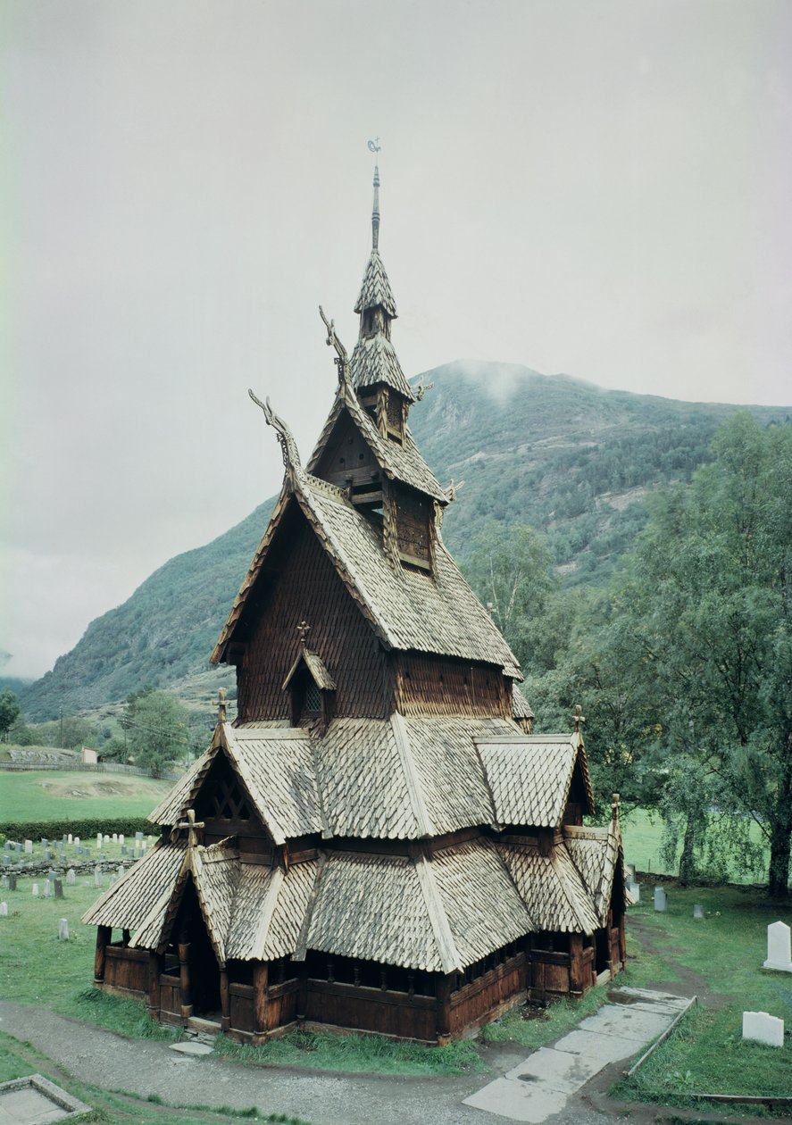 Widok kościoła klepkowego w Borgund, ok.1150 autorstwa Norwegian School