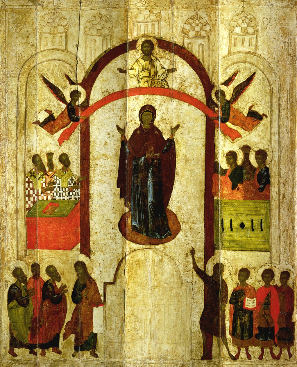 Ochrona Bogurodzicy (Matka Boża) Ikona rosyjska z klasztoru Zverin, 1399 (tempera na panelu) autorstwa Novgorod School