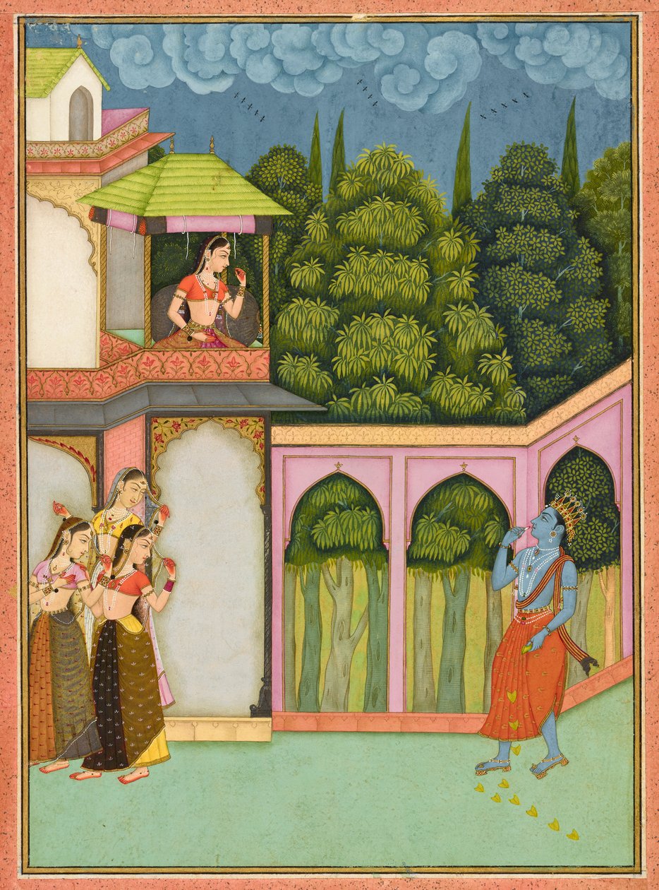 Krishna zbliża się do Radhy, folio z <em>Rasikpriya</em> autorstwa Nuruddin