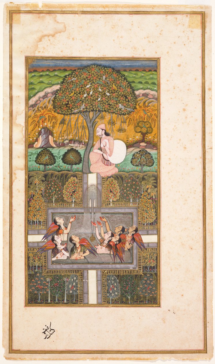Raja Bikram and the Angels, ilustracja z Gulshan-i-Ishq, ok. 1700 (wc ze złotem na papierze) autorstwa Nusrati of Bijapur