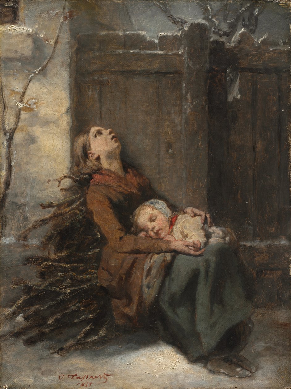 Pozbawiona środków do życia zmarła matka trzymająca śpiące dziecko zimą, ok. 1850 (olej na płótnie) autorstwa Octave Tassaert
