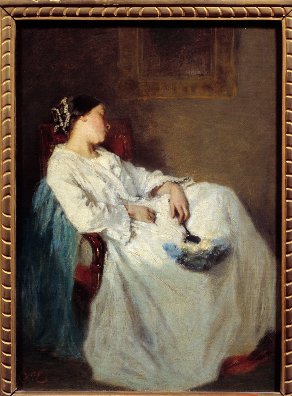 Śpiąca siedząca kobieta Obraz Octave Tassaert (1800-1874) XIX-wieczne słońce. 0,32 x 0,24 m² autorstwa Octave Tassaert