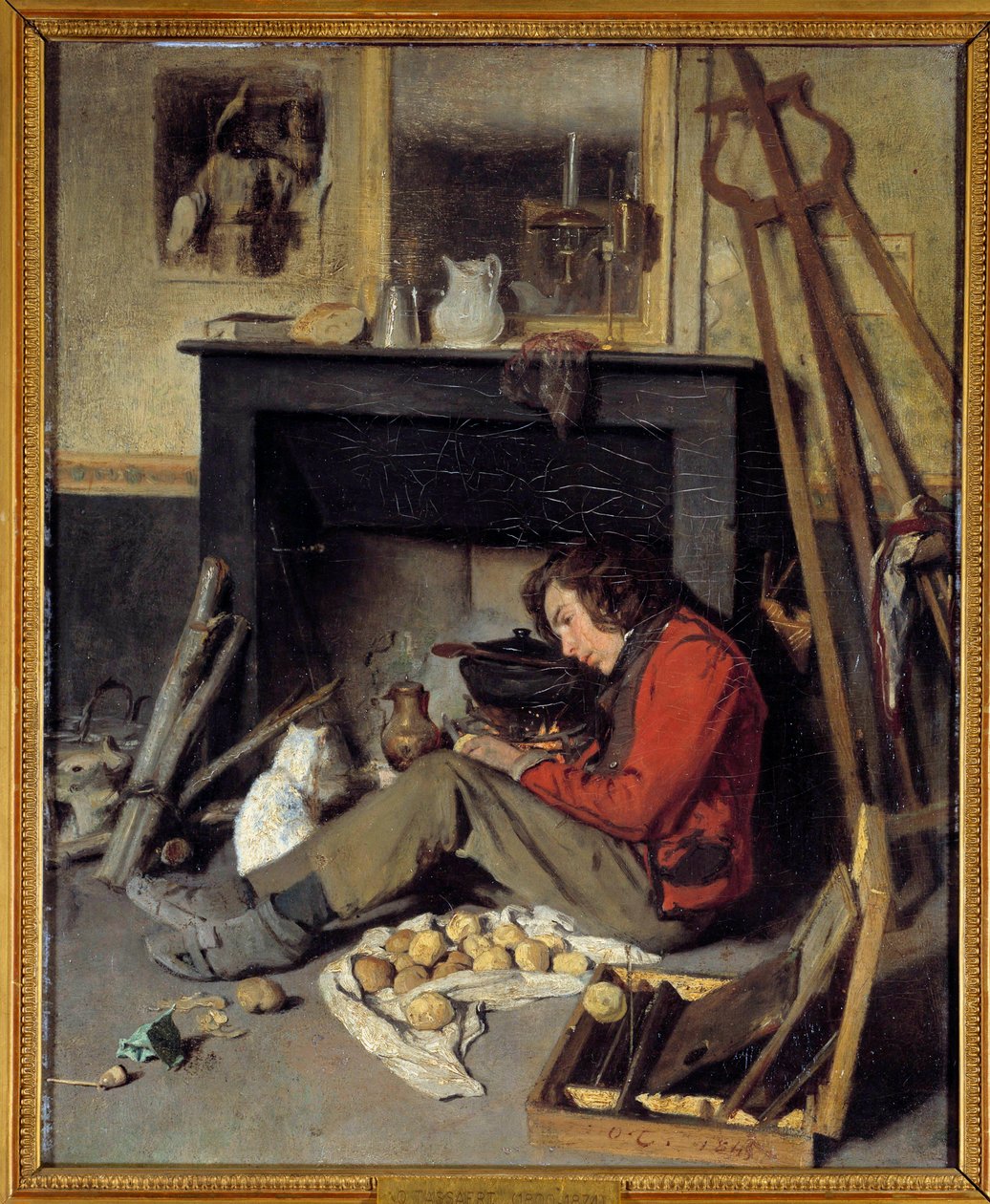 Wnętrze warsztatu Malarz przy kominku. Obraz Octave Tassaert (1800-1874) 1845 Nd. 0,46x0,38 m² autorstwa Octave Tassaert