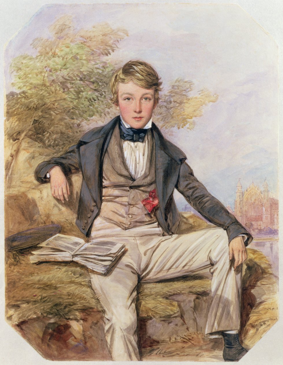 Portret siedzącego Benjamina Gibbonsa z widokiem na Eton College Beyond, ok. 1838 (wc na papierze) autorstwa Octavius Oakley