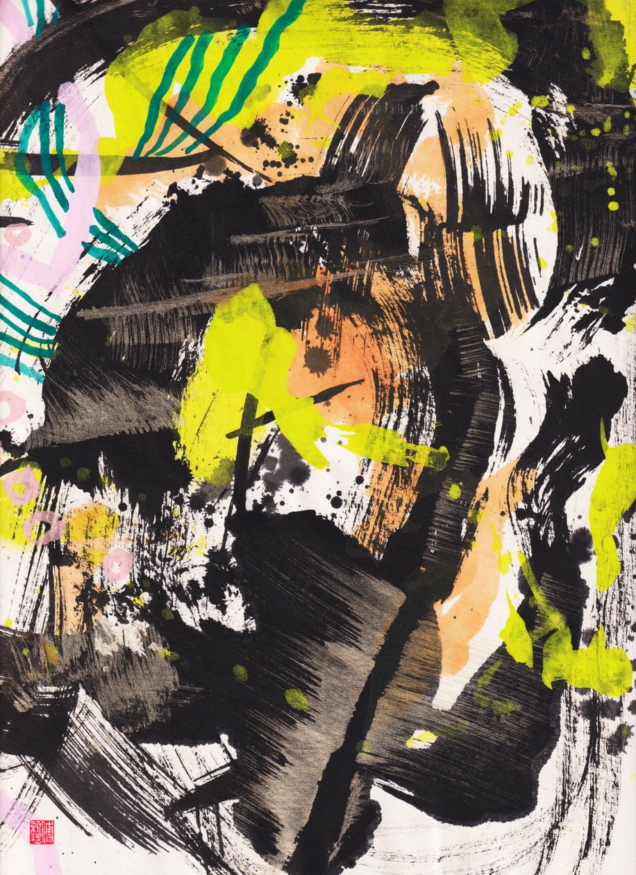 Abstrakcja tuszem Zen Fire And Wind, 2018 (tusz i kolor na papierze Xuan) autorstwa Odilia W. Y. Fu