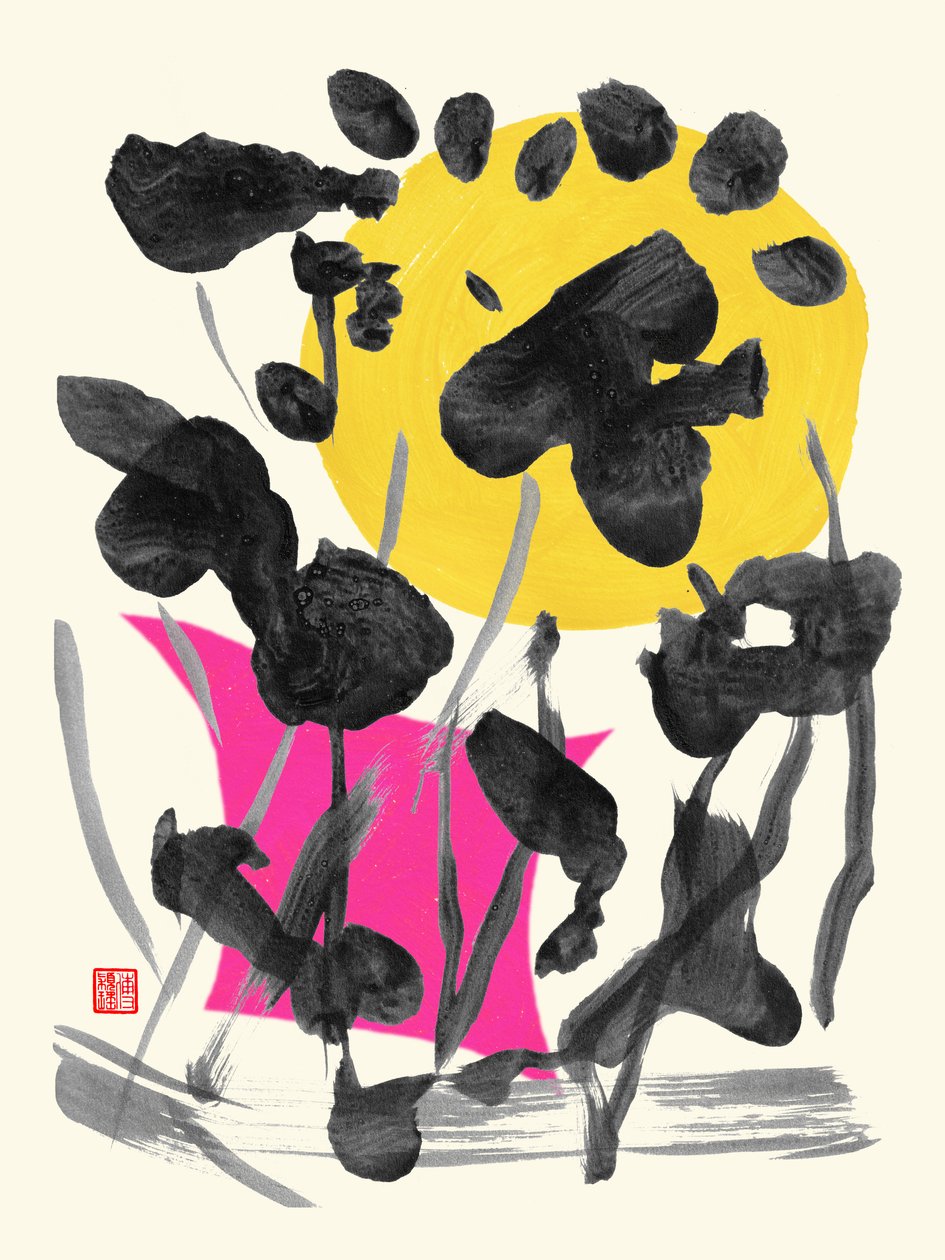 Zen Full Moon Ink Flowers, 2023 (akryl na papierze, cyfrowo) autorstwa Odilia W. Y. Fu