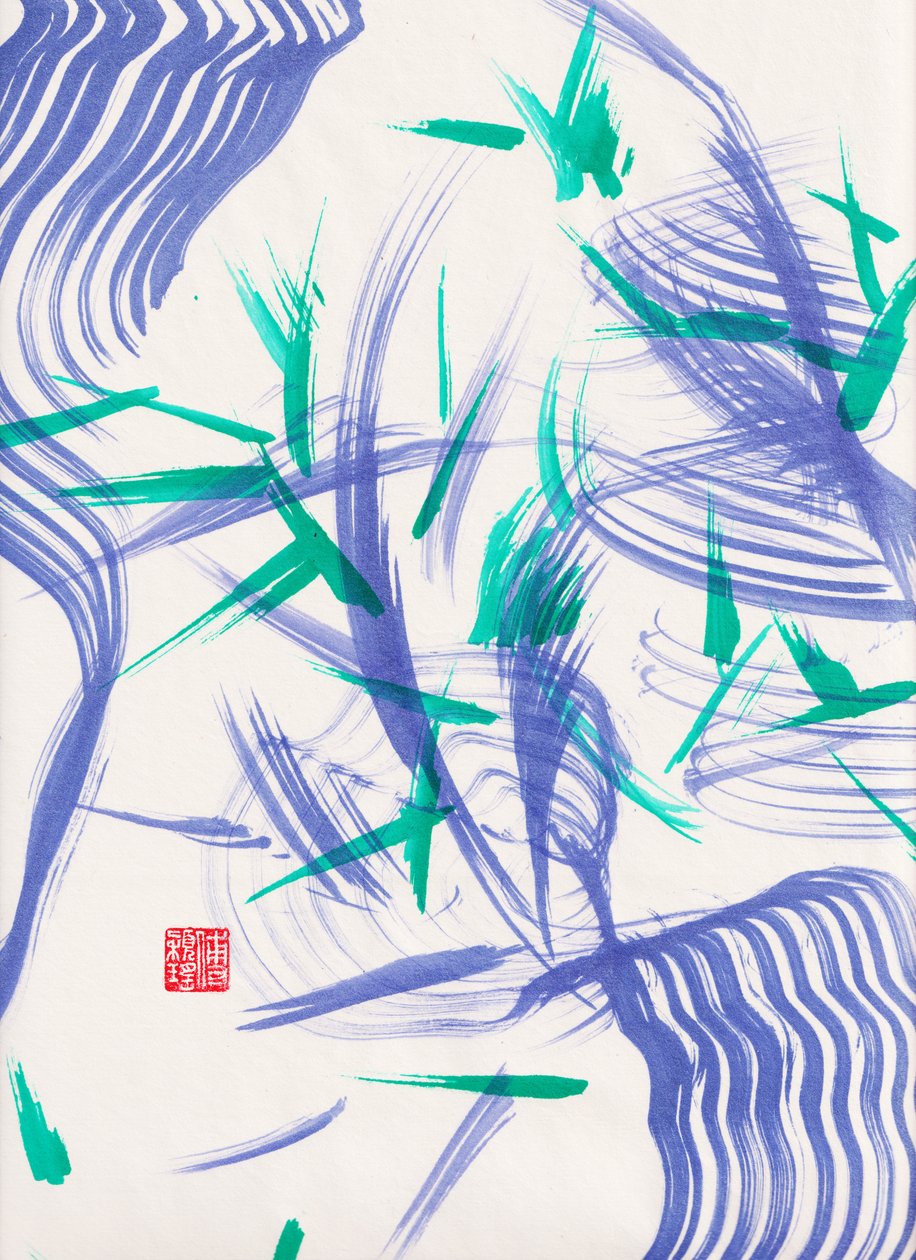 Zen Green Bamboo Abstraction 2, 2020 (akryl na papierze Xuan) autorstwa Odilia W. Y. Fu