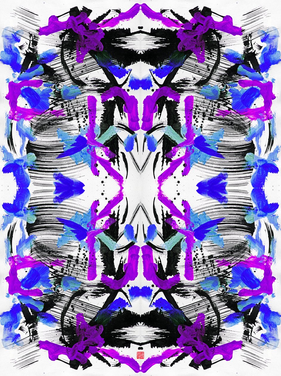 Zen Ink Blue Purple Floral Pattern, 2023 (akryl na papierze, cyfrowo) autorstwa Odilia W. Y. Fu