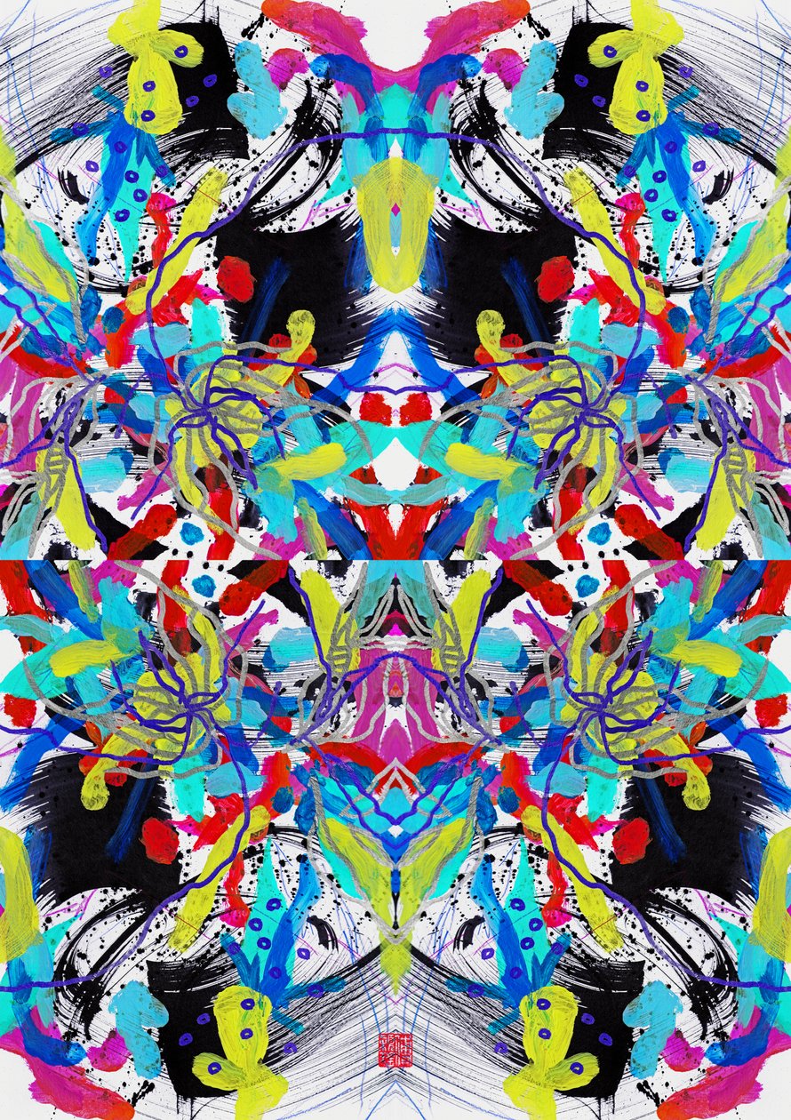 Zen Ink Niebieski Czerwony Żółty Kwiatowy wzór, 2023 (akryl na papierze, cyfrowy) autorstwa Odilia W. Y. Fu