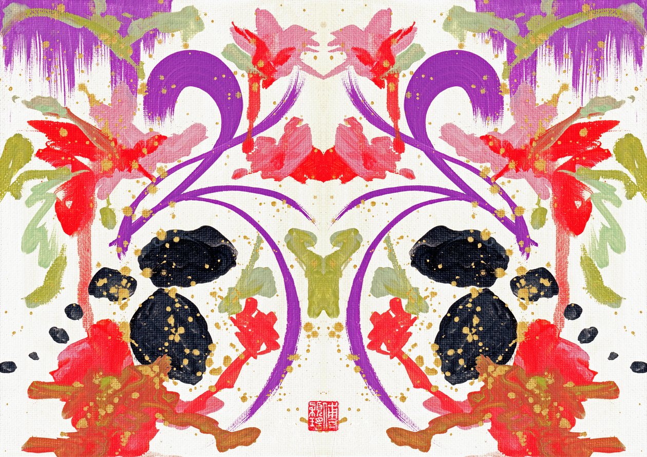 Zen Orange Purple Flowers 1, 2021 (akryl na płótnie, cyfrowo) autorstwa Odilia W. Y. Fu