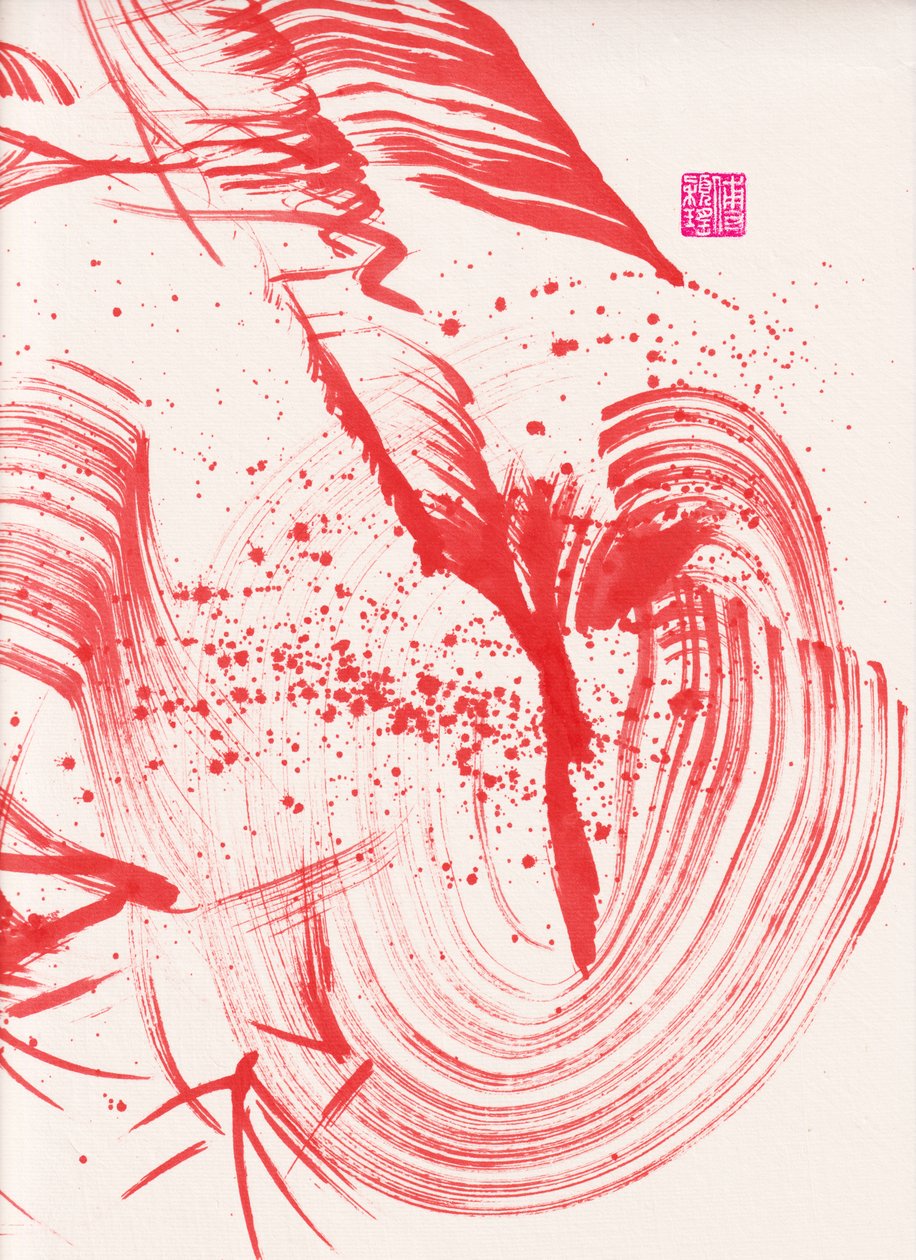 Zen Red Bamboo Ink Abstrakcja 1, 2020 (akryl na papierze Xuan) autorstwa Odilia W. Y. Fu
