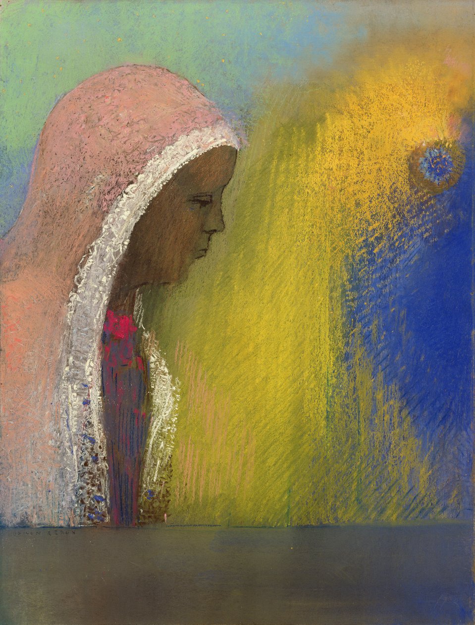 Portret kobiety w różowym welonie, 1885 (pastel na papierze) autorstwa Odilon Redon