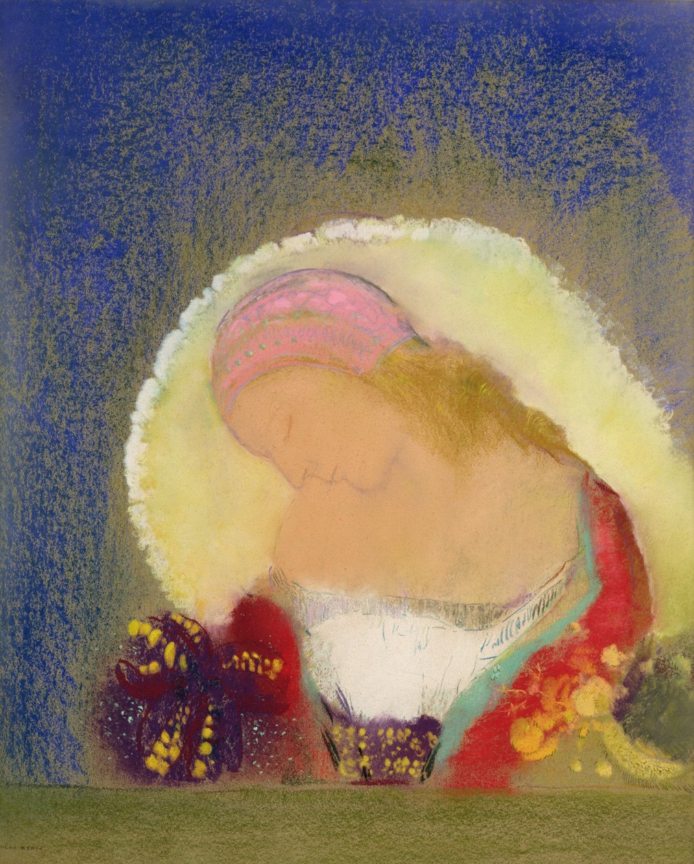 Profil dziewczyny z kwiatami, ok. 1900 (pastel na papierze) autorstwa Odilon Redon