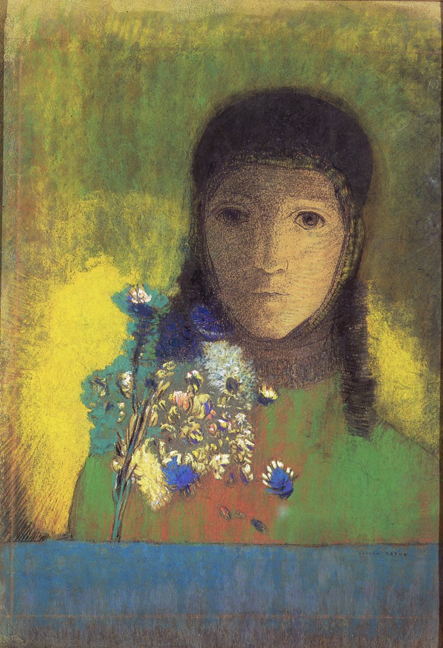 Kobieta z dzikimi kwiatami, 1895-1900 (pastel, węgiel) autorstwa Odilon Redon
