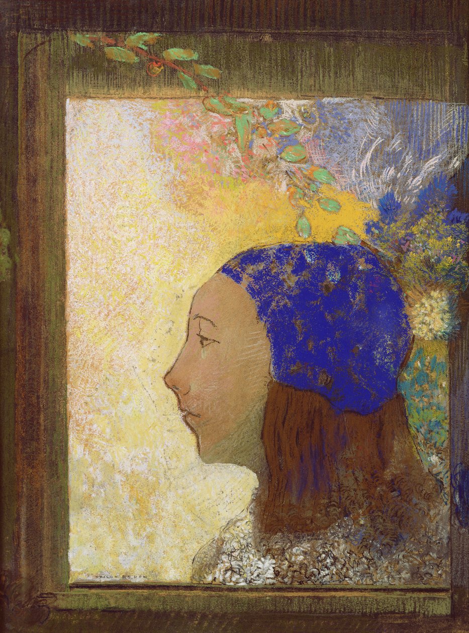 Młoda dziewczyna w niebieskim czepku, po 1890 (pastel na papierze) autorstwa Odilon Redon