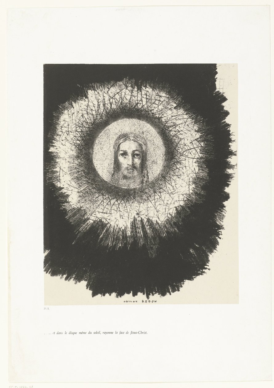 A w tarczy słońca zaświeciła twarz Chrystusa.” ...et dans le disque même du soleil, rayonne la face de Jésus-Christ (tytuł na obiekcie) Tentation de Saint-Antoine (1) (tytuł serii) Kuszenie św. Antoniego (tytuł serii) autorstwa Odilon Redon