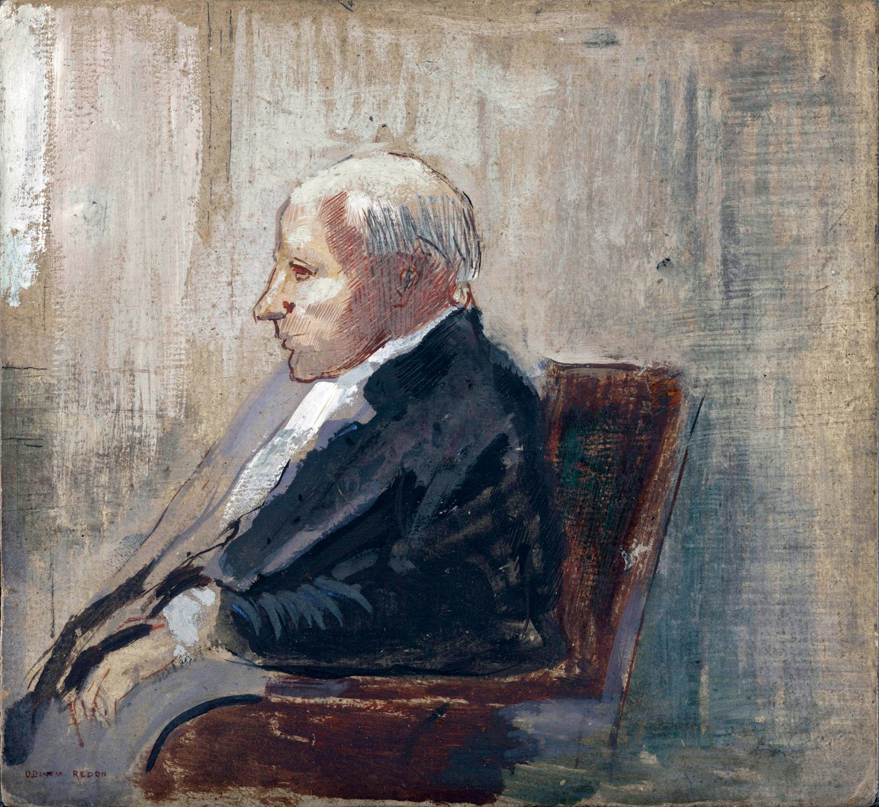Siedzący człowiek - Obraz Odilona Redona (1840-1916), olej na tekturze (21,9x23,5 cm), ok. 1910 - MOMA (Muzeum Sztuki Nowoczesnej), Nowy Jork (USA) autorstwa Odilon Redon