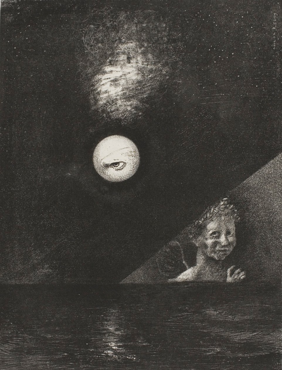 Na horyzoncie anioł pewności, a w ponurym niebie pytające oko, płyta czwarta z To Edgar Poe autorstwa Odilon Redon