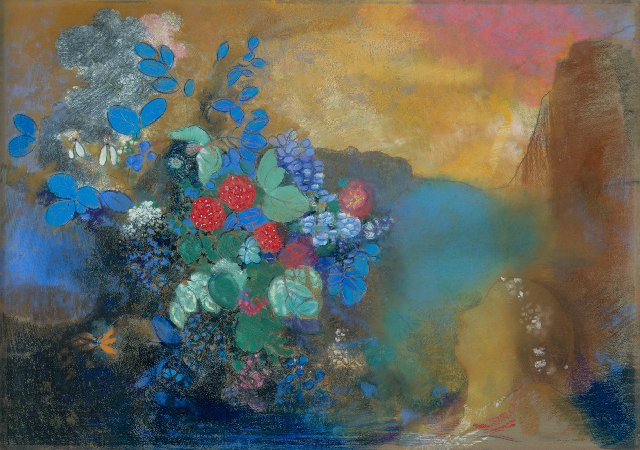 Ofelia wśród kwiatów, ok. 1905-8 (pastel na papierze) autorstwa Odilon Redon