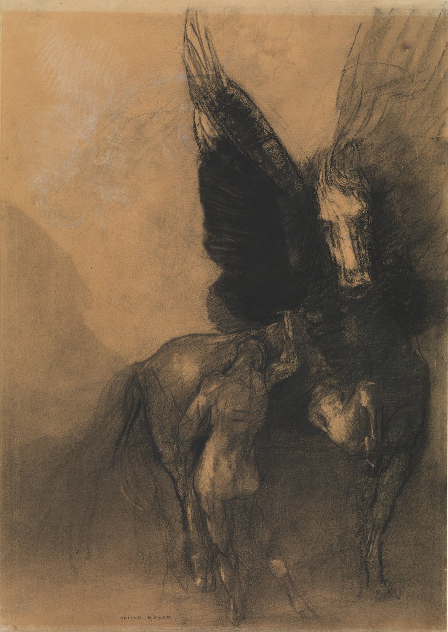 Pegasus i Bellerophon, ok. 1888 (węgiel, mycie wodne, biała kreda i kredka conté na buff papier bleuté) autorstwa Odilon Redon