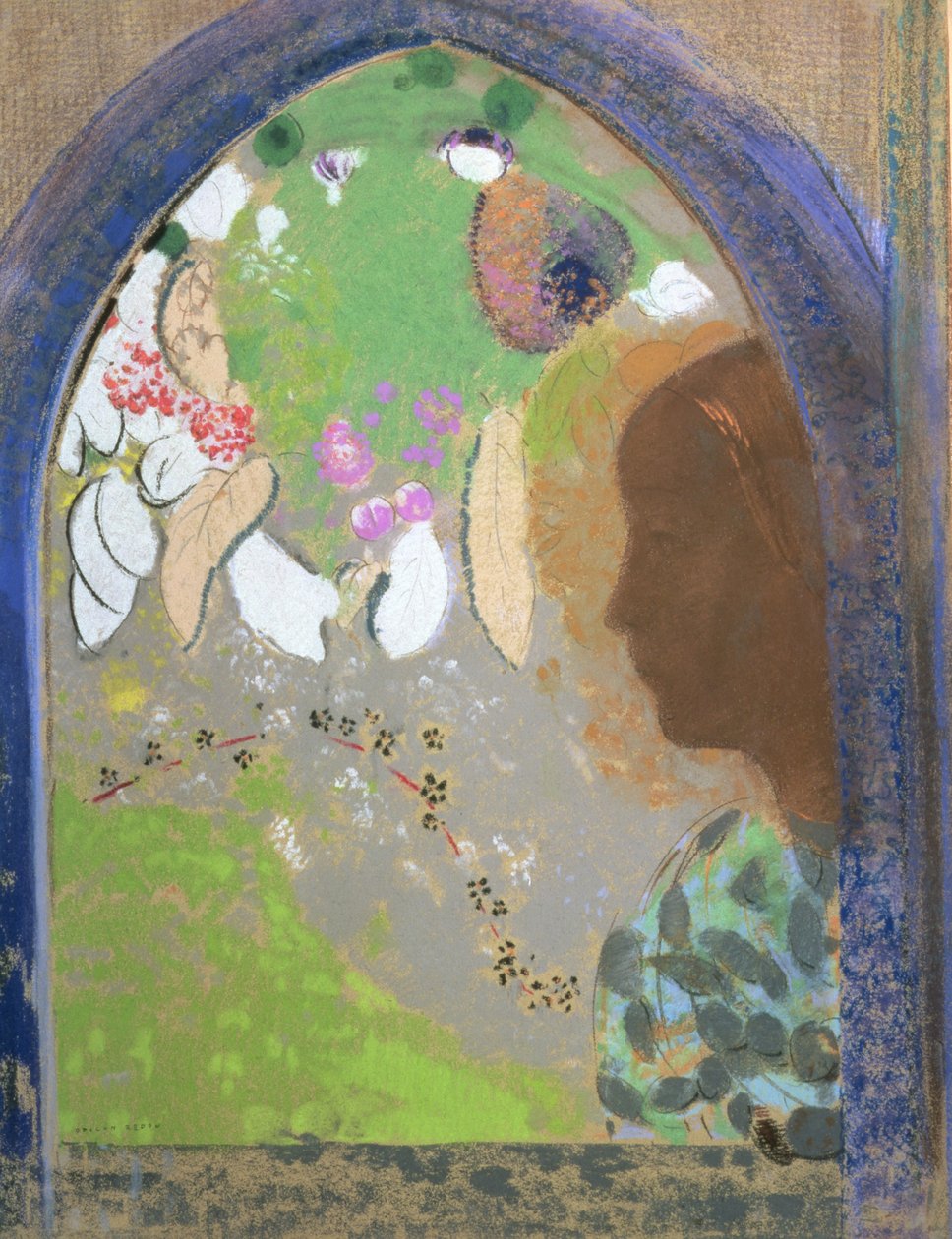 Profil kobiety przy oknie, ok. 1912 (pastel na kartonie) autorstwa Odilon Redon