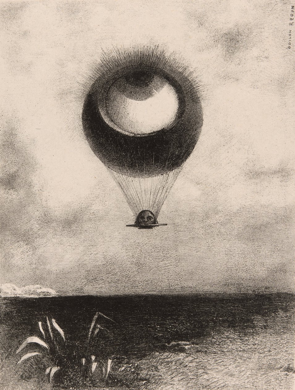Oko, jak dziwny balon porusza się w kierunku nieskończoności, płyta pierwsza z książki To Edgar Poe autorstwa Odilon Redon