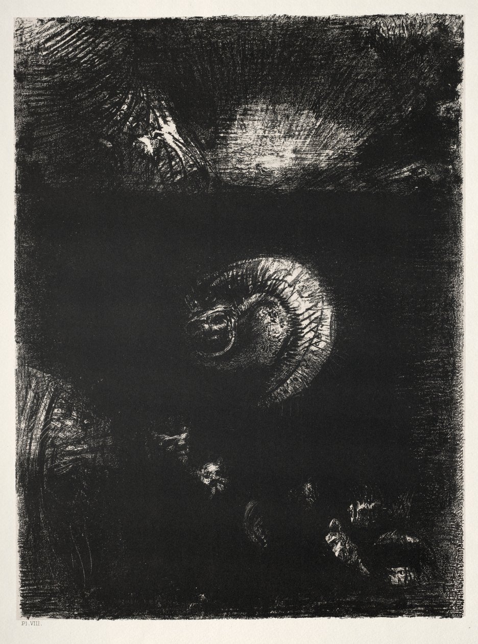 Kuszenie św. Antoniego Pierwsza seria: Powstają wszelkiego rodzaju przerażające stworzenia, 1888. autorstwa Odilon Redon