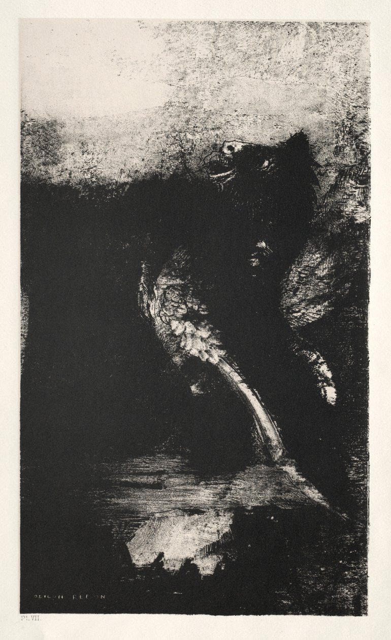 Kuszenie św. Antoniego Pierwsza seria: Chimera o zielonych oczach kręci się, Bays, 1888. autorstwa Odilon Redon