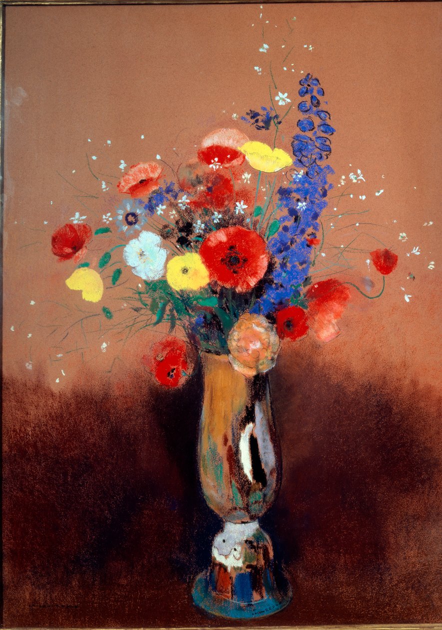 Dzikie kwiaty w wazonie z długą szyjką, ok. 1912 (pastel na papierze) autorstwa Odilon Redon