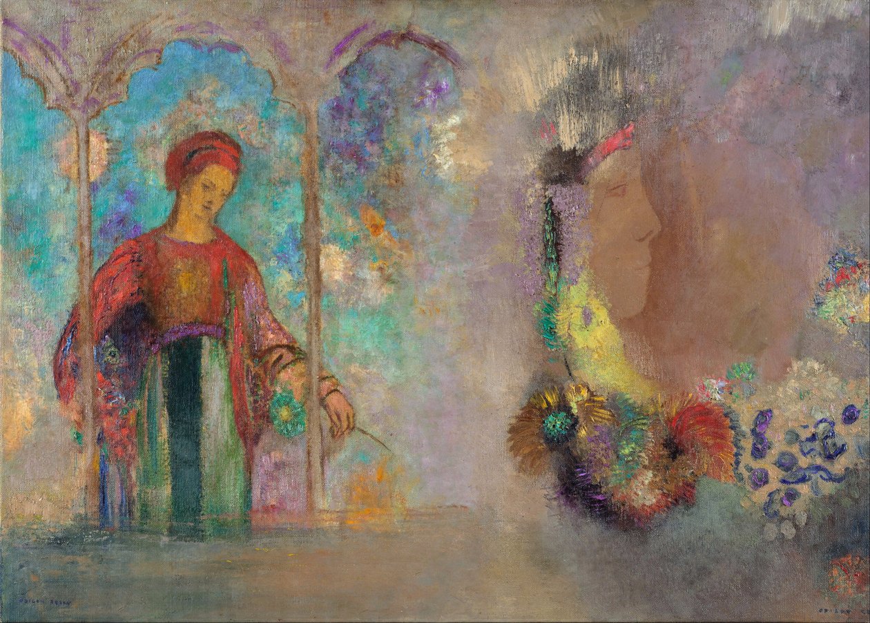 Kobieta w gotyckiej arkadzie - Kobieta z kwiatami - Peinture de Odilon Redon(1840-1916) autorstwa Odilon Redon