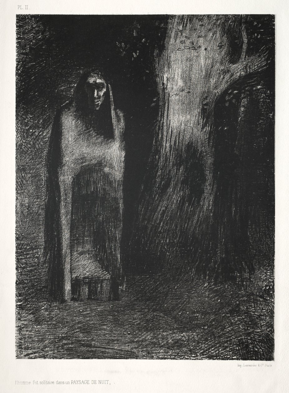 Noc: człowiek był sam w nocnym krajobrazie, 1886. autorstwa Odilon Redon Lemercier and Cie.