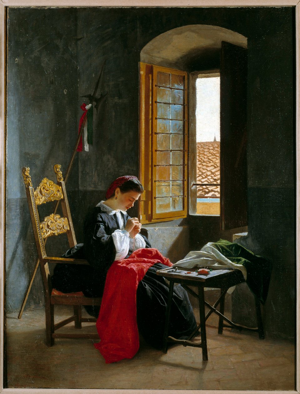 Risorgimento: „”kobieta szyjąca włoską flagę 26.04.1859”” obraz Odoardo Borrani (1834-1905) 1859 kolekcja prywatna Milanese autorstwa Odoardo Borrani