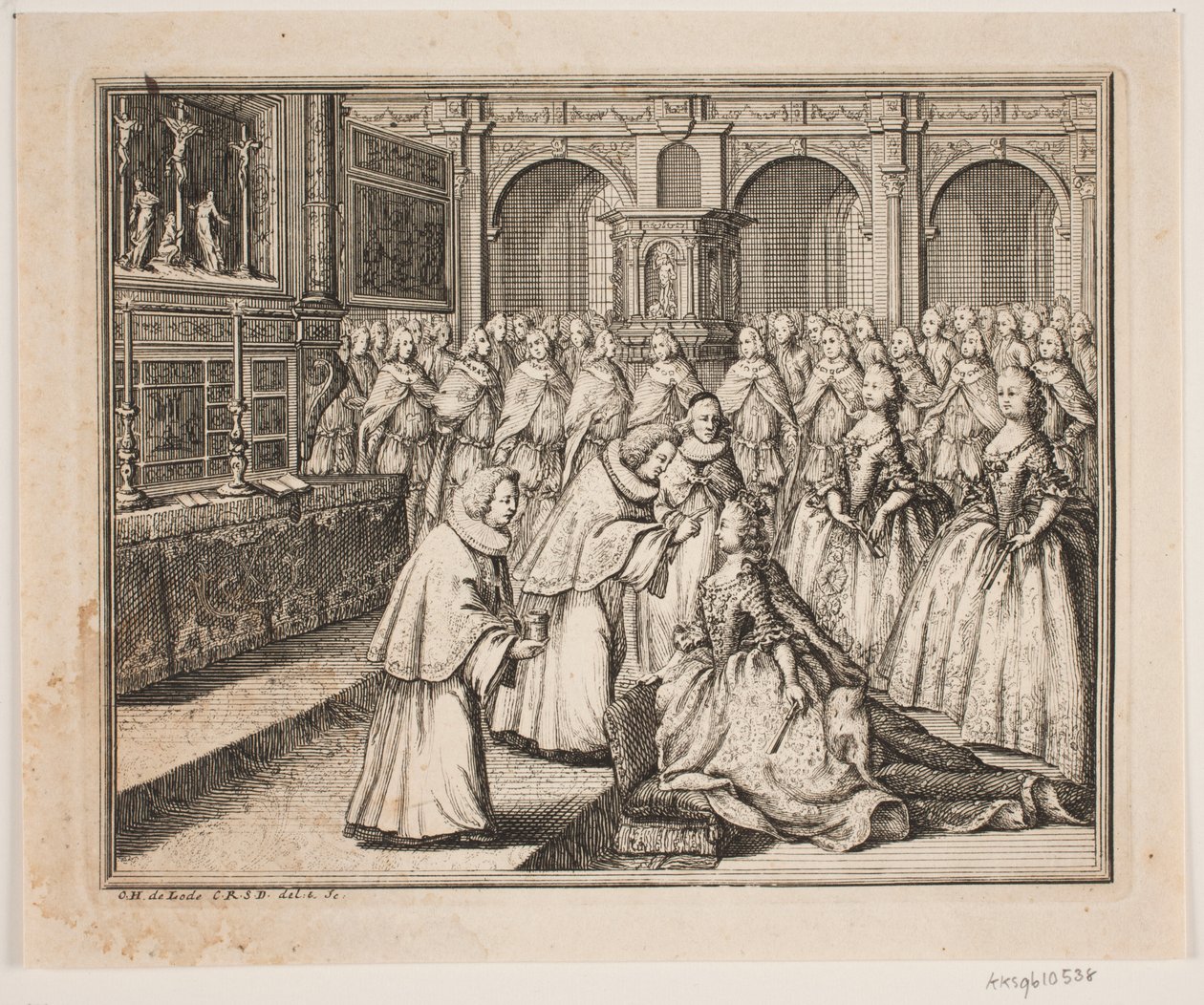 Biskup Hersleb namaszcza królową Luizę w kościele pałacowym Frederiksborg. Ilustracja do aktu namaszczenia Fryderyka d. IV autorstwa Odvardt Helmoldt de Lode