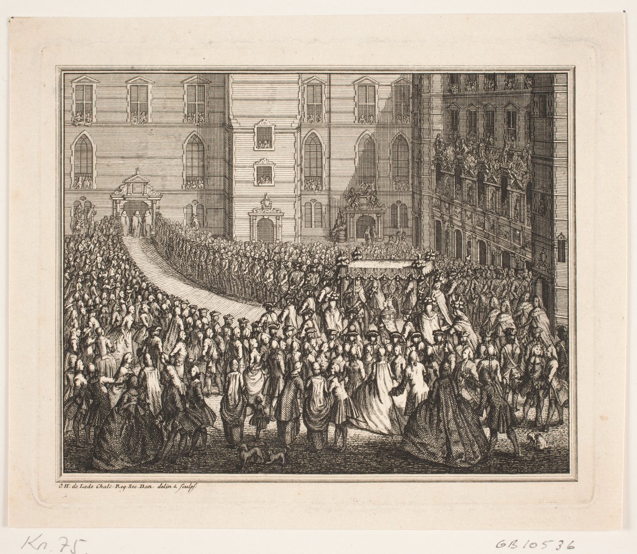 Król Fryderyk V w procesji na ceremonię namaszczenia w kościele Pałacu Frederiksborg. Ilustracja do aktu namaszczenia Fryderyka d. IV autorstwa Odvardt Helmoldt de Lode