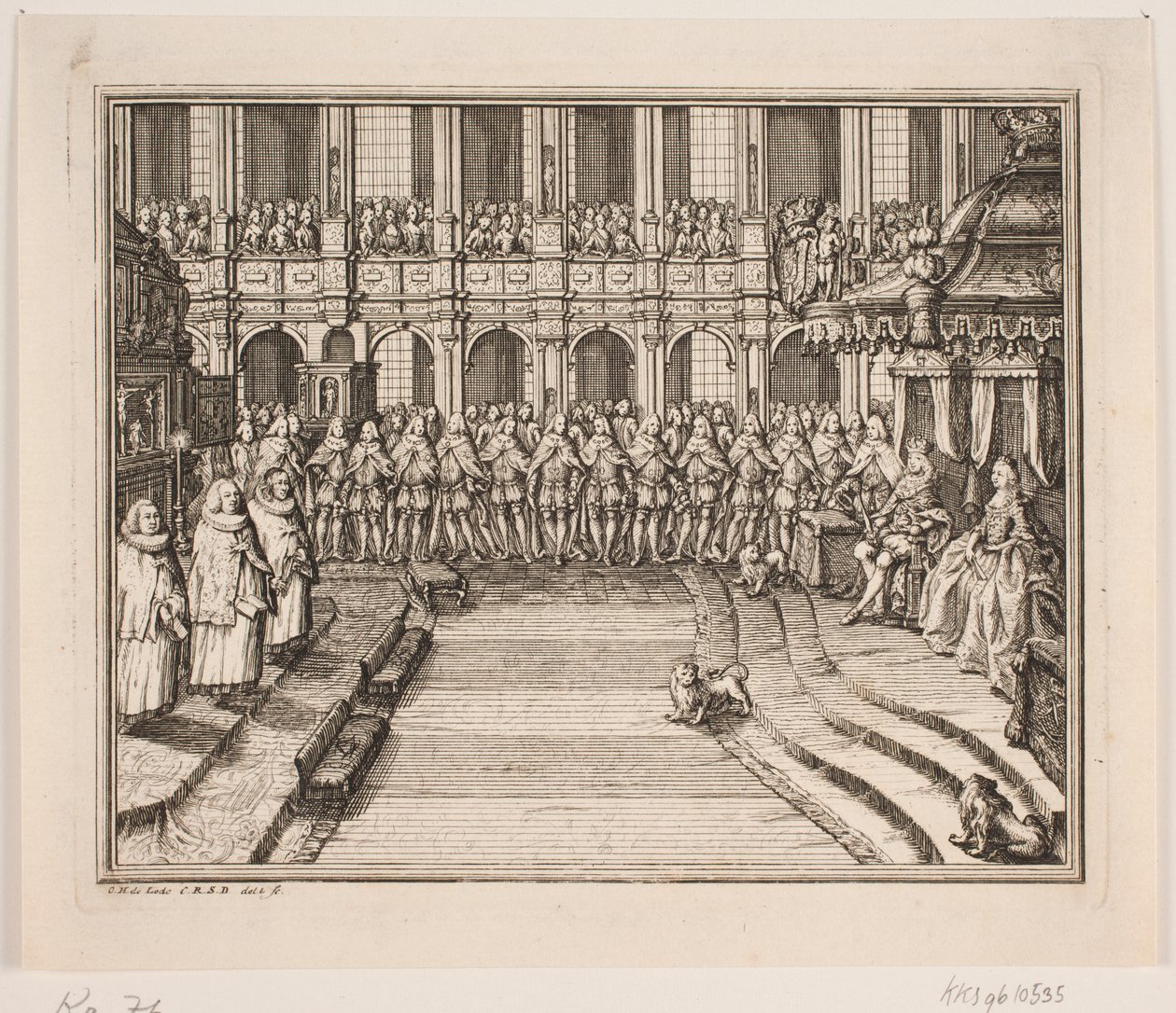 Król Fryderyk V i Królowa Ludwika podczas ceremonii namaszczenia w kościele pałacowym Frederiksborg. Ilustracja do aktu namaszczenia Fryderyka d. IV autorstwa Odvardt Helmoldt de Lode