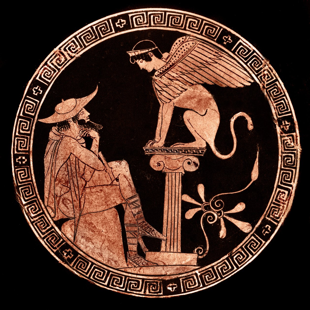 Czerwona figura Attyka kilix przedstawiająca Edypa i Sfinksa, Vulci, ok. 470 pne (ceramika) autorstwa Oedipus Painter (attr. to)