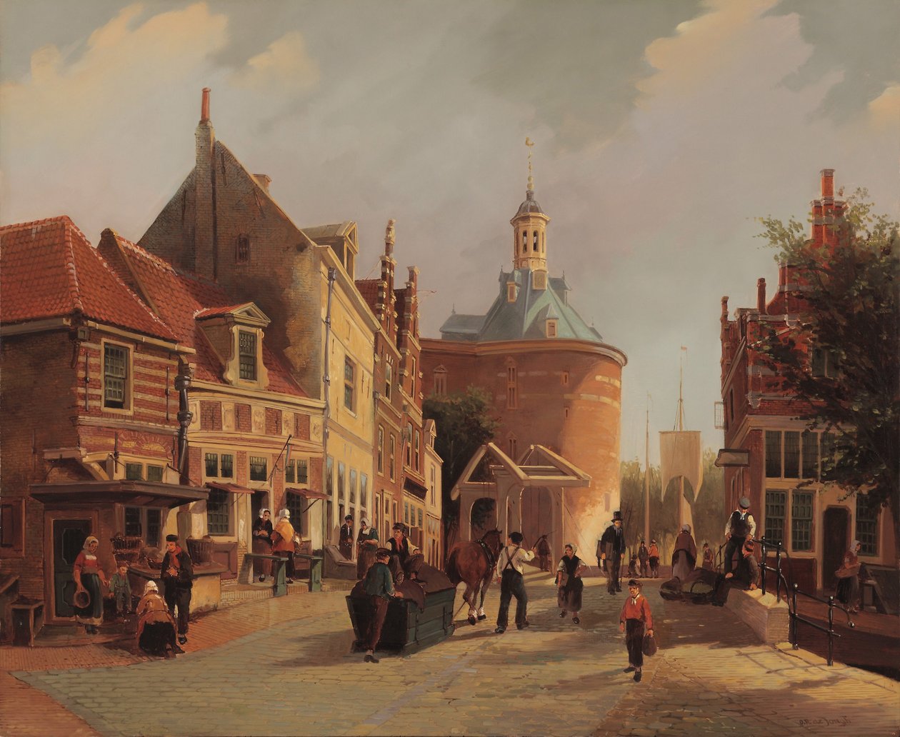Widok na Zuiderspui z Drommedaris w mieście Enkhuizen autorstwa Oene Romkes de Jongh