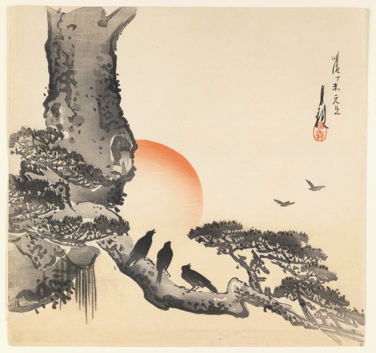 Wrony na pniu, okres Meiji, ok. 1890-1910 (kolorowy drzeworyt) autorstwa Ogata Gekko