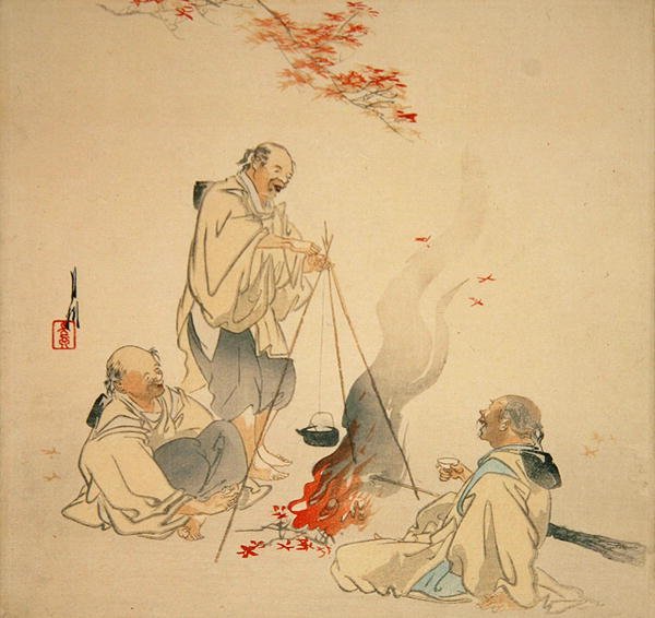 Sake do picia pod klonem, ok. 1890-1900 (kolorowy drzeworyt) autorstwa Ogata Gekko
