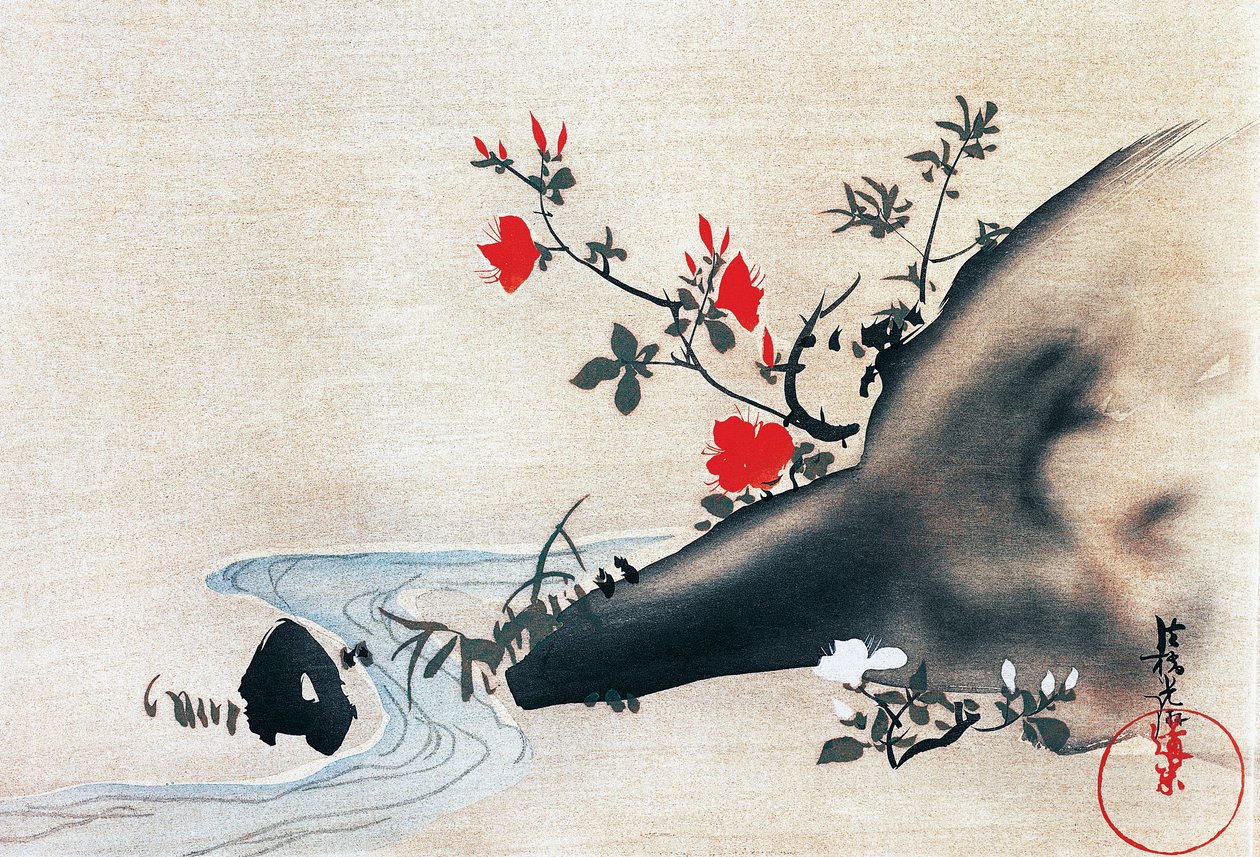 Azalia i strumyk, kakemonos (zawieszone zwoje) malowane na jedwabiu przez Korina Ogatę (1658-1716), okres Edo (1603-1868), Japonia autorstwa Ogata Korin