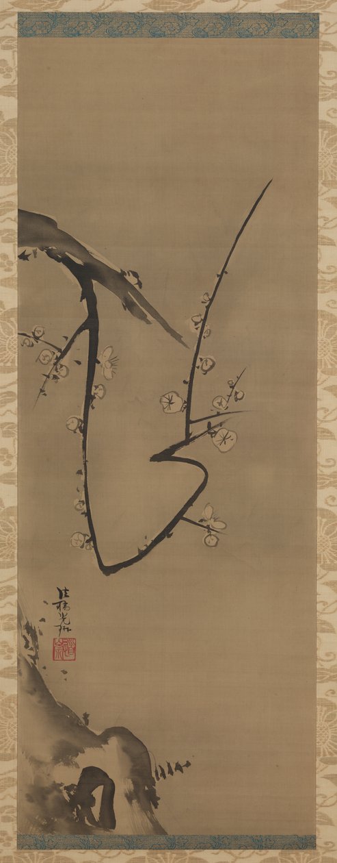 Prunus, wiszący zwój, ok. 1700 (atrament na jedwabiu) autorstwa Ogata Korin