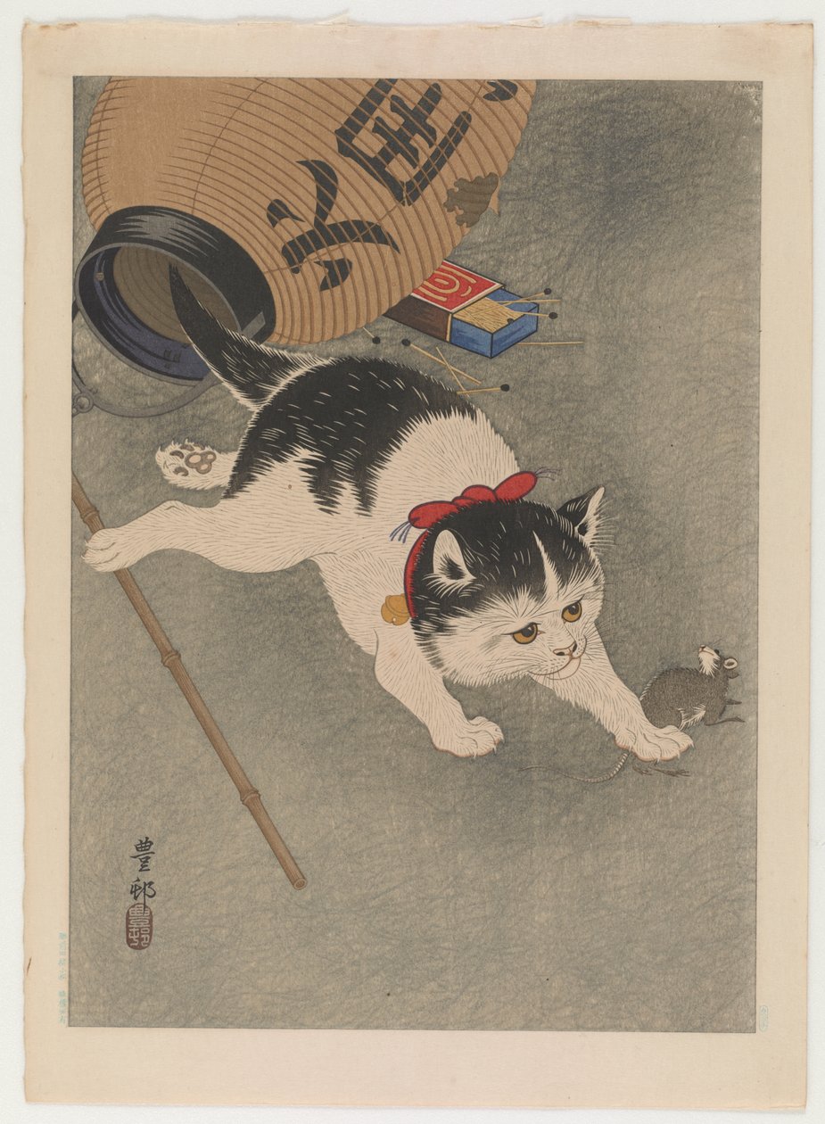 Kot i mysz, ok. 1930 (drzeworyt kolorowy) autorstwa Ohara Koson