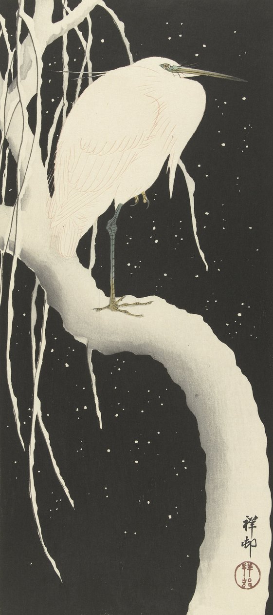 Czapla na śniegu, 1925-1936 autorstwa Ohara Koson