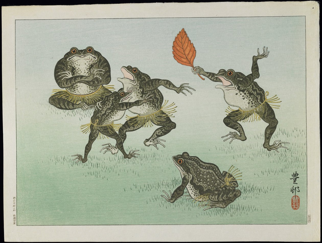 Frogs Wrestling, lata 30. (kolorowy drzeworyt) autorstwa Ohara Koson