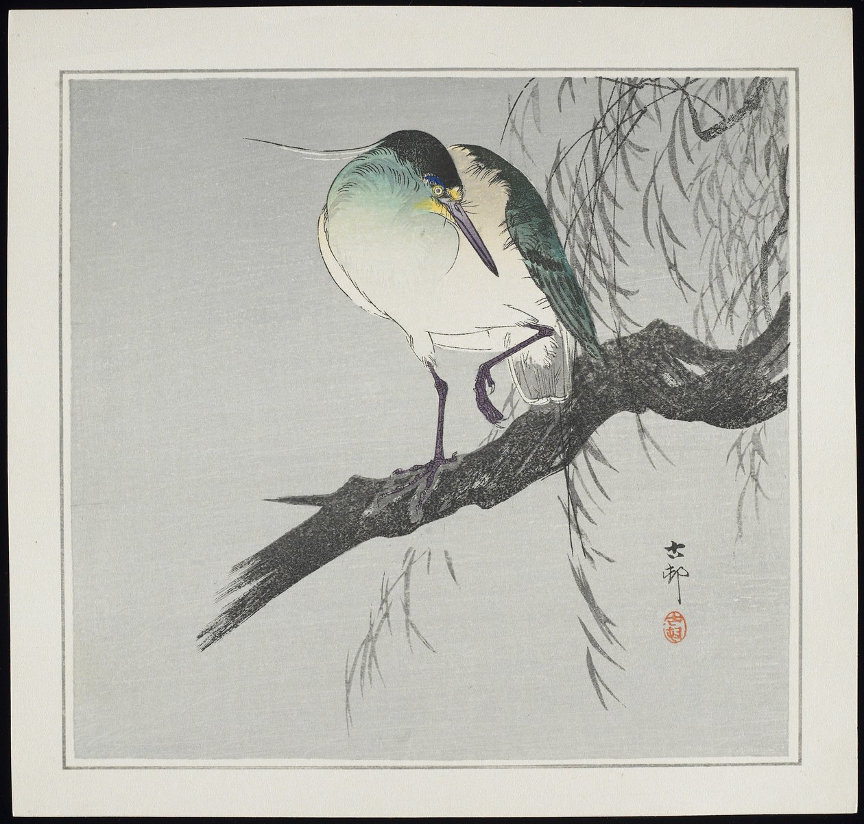 Czapla na gałęzi, przed 1912 r. autorstwa Ohara Koson