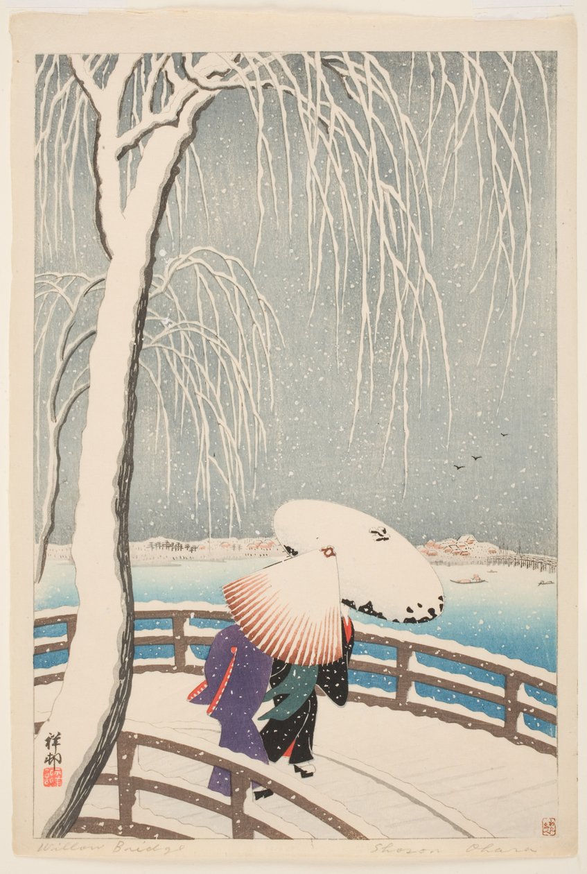 The Willow Bridge (kolorowy drzeworyt) autorstwa Ohara Koson