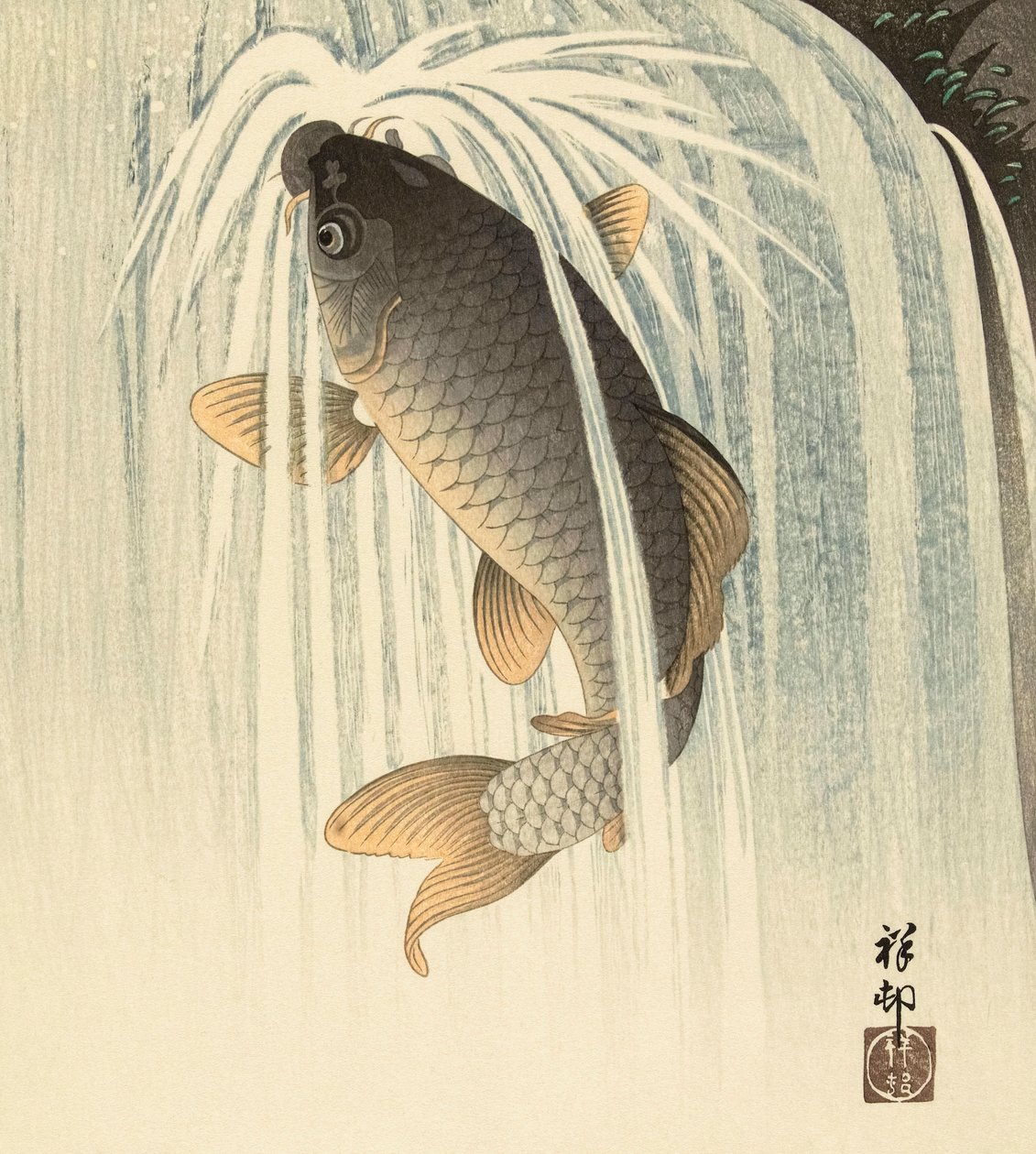 Karp pod wodospadem, japońska artystka Ohara Koson autorstwa Ohara Koson