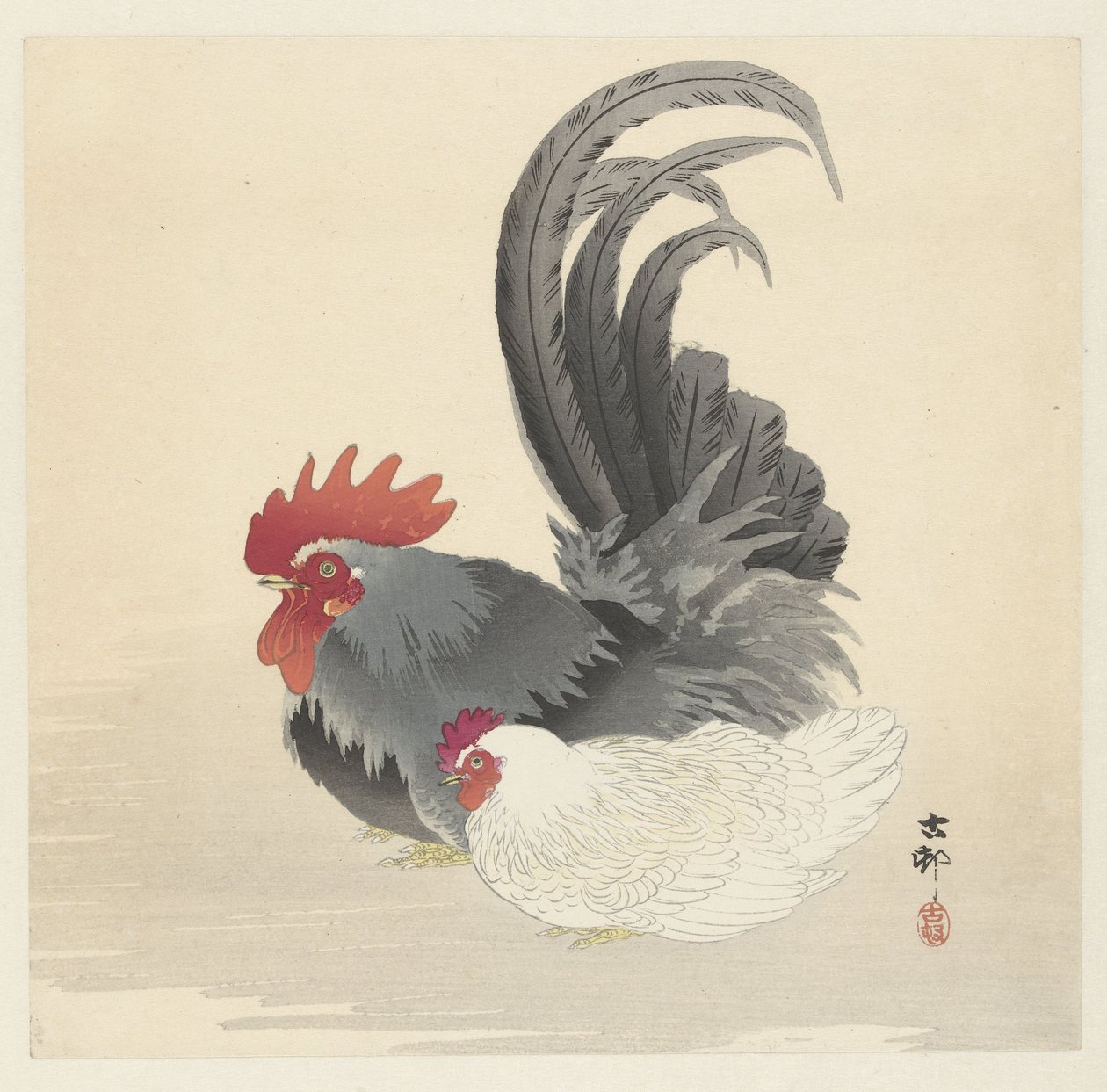 Kurczak i Kogut autorstwa Ohara Koson