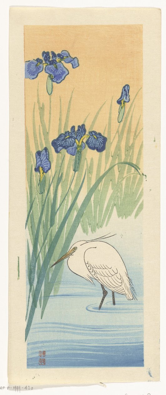 Czapla z irysami autorstwa Ohara Koson